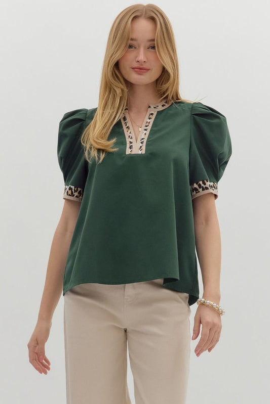 Hunter Green Puff Sleeve Top with Leopard Detail