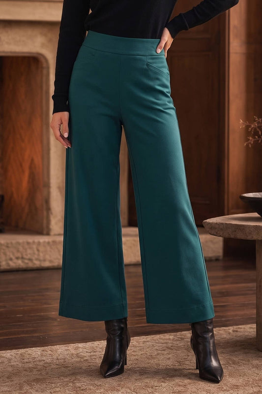 High Rise Evergreen Teal Twill Wide-Leg Pants