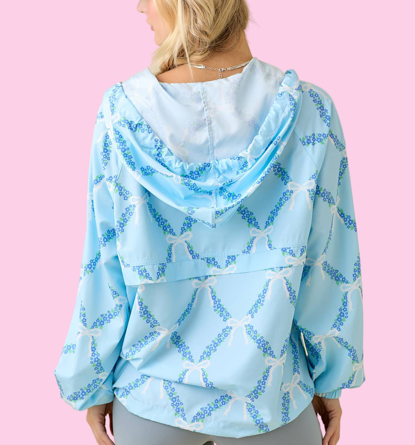Blue Ribbon And Floral Printed Windbreaker