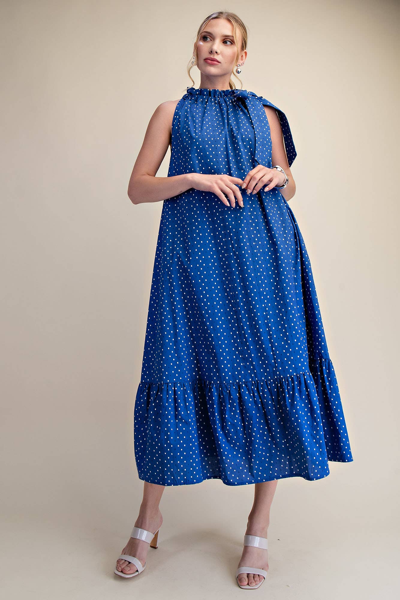 Royal Ruffle Neck Tie Sleeveless Dot Pattern Midi