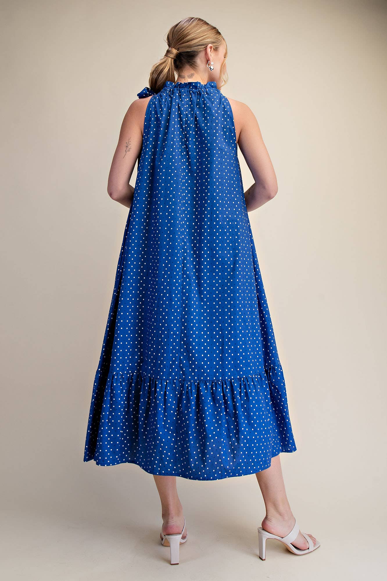 Royal Ruffle Neck Tie Sleeveless Dot Pattern Midi