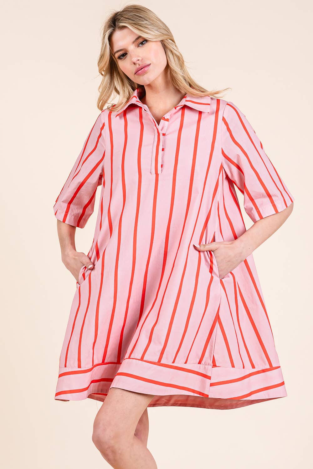 Pink and Coral Stripe Shirt Dress