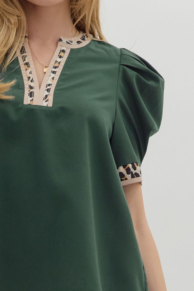 Hunter Green Puff Sleeve Top with Leopard Detail