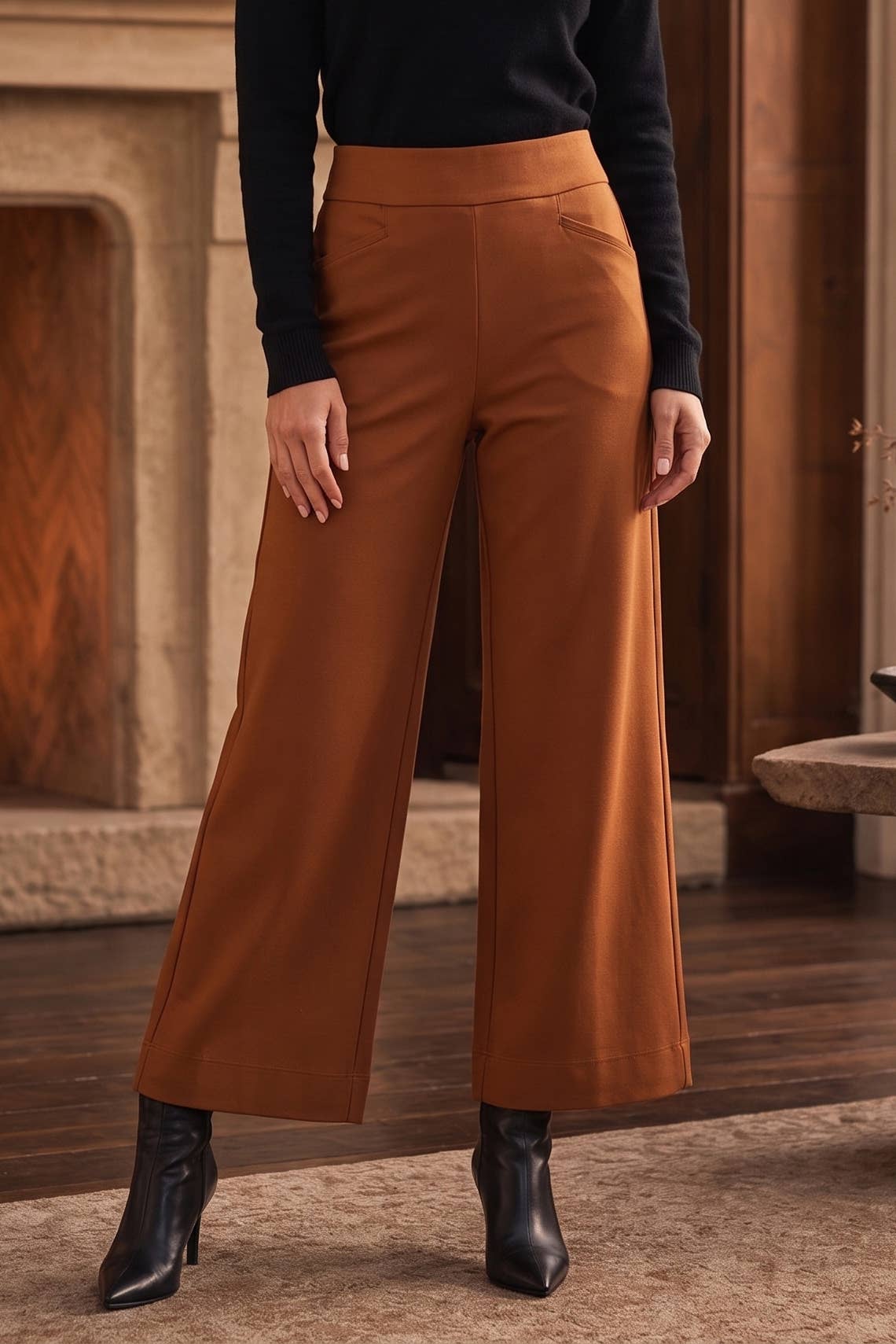 High Rise CognacSpice Twill Wide-Leg Pants