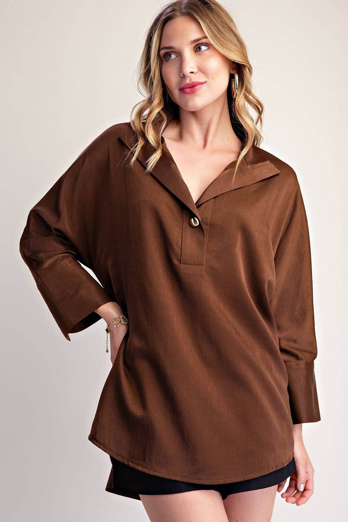 Collar Neck Chocolate Button Placket Shirt