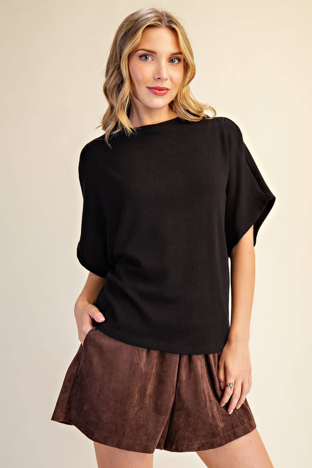 Mock Neck Black Short Sleeve Knit Top