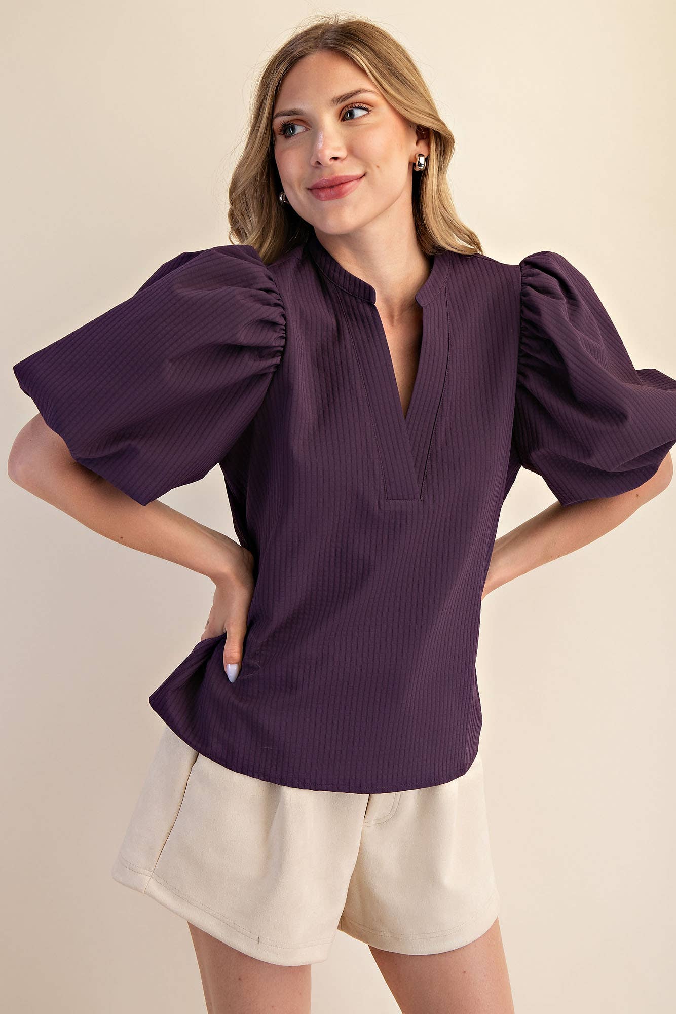 Purple V-Neck Puff-Sleeve Top