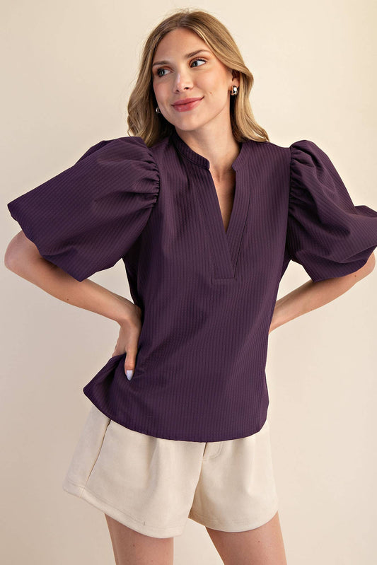 Purple V-Neck Puff-Sleeve Top