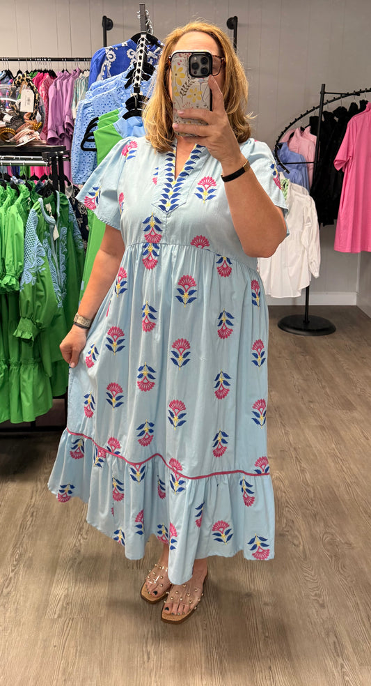 Peri Blue Embroidered Midi Dress