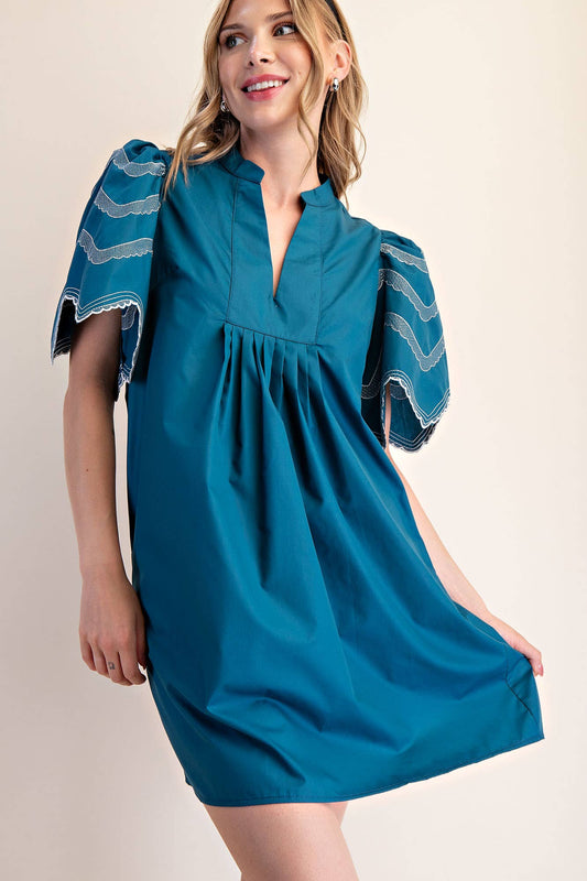 Teal Embroidered Balloon Sleeve Mini Dress