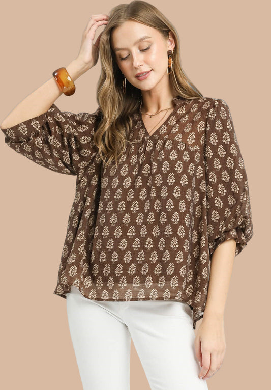 Brown Floral Print V-Neck Top