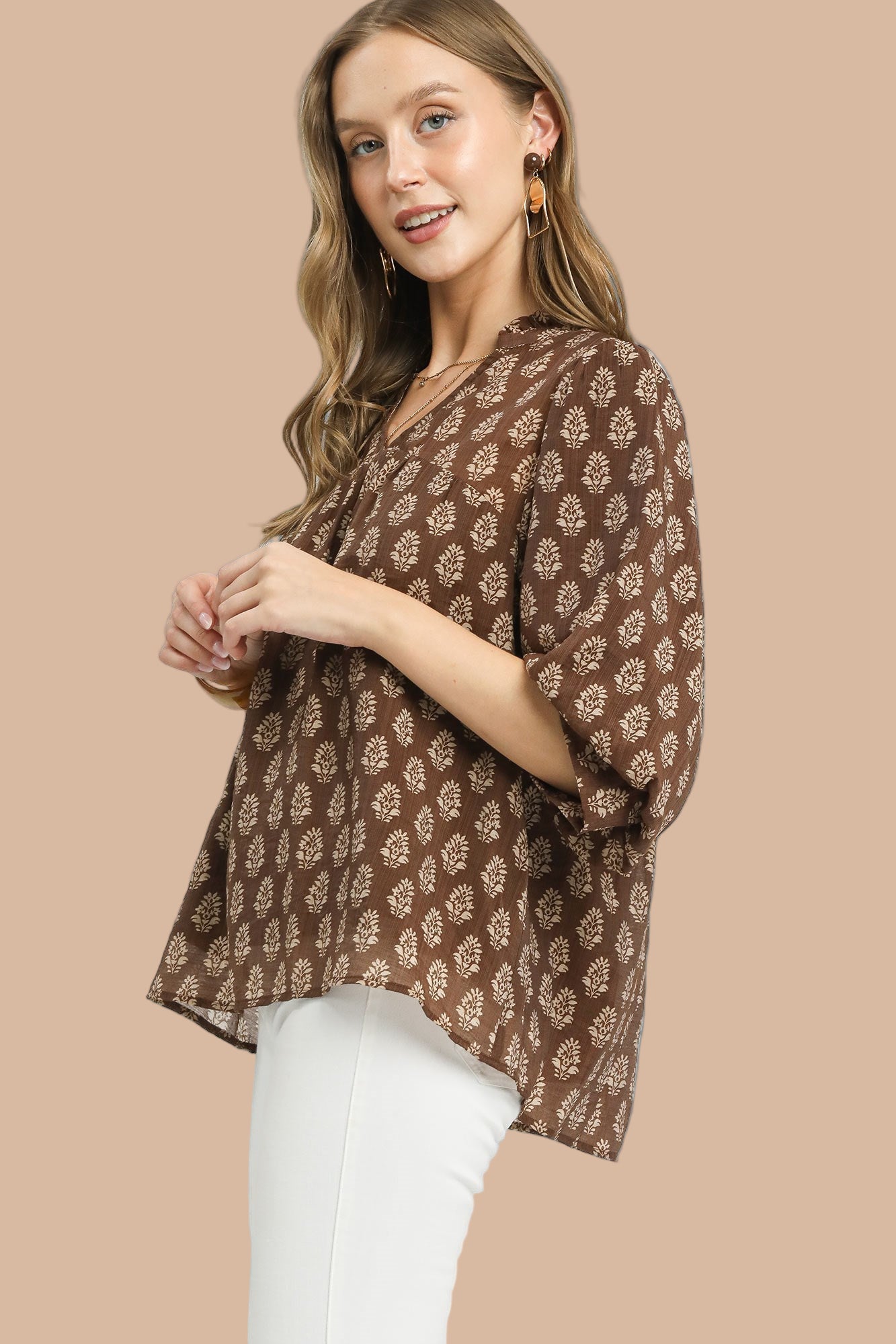 Brown Floral Print V-Neck Top