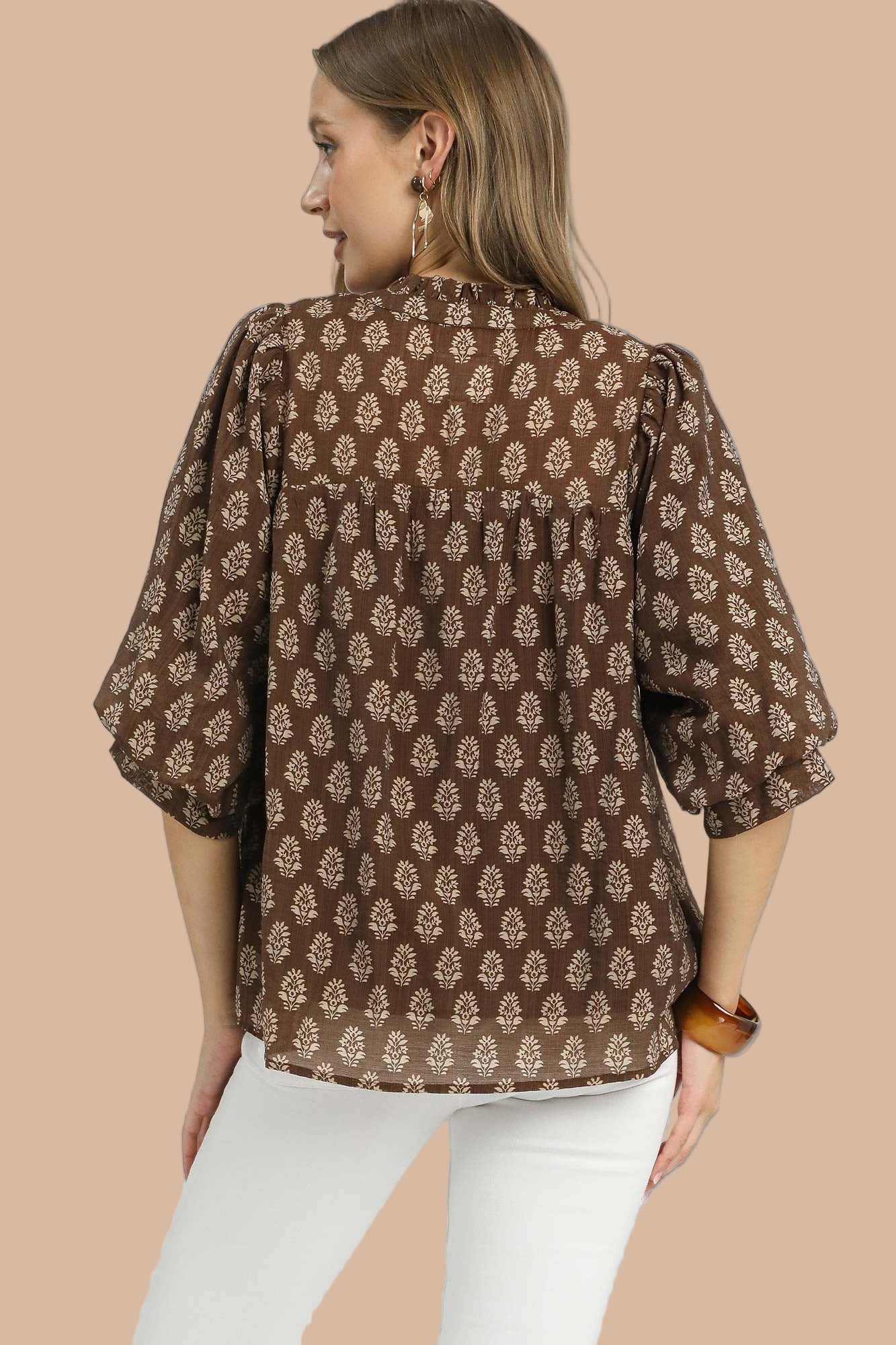 Brown Floral Print V-Neck Top