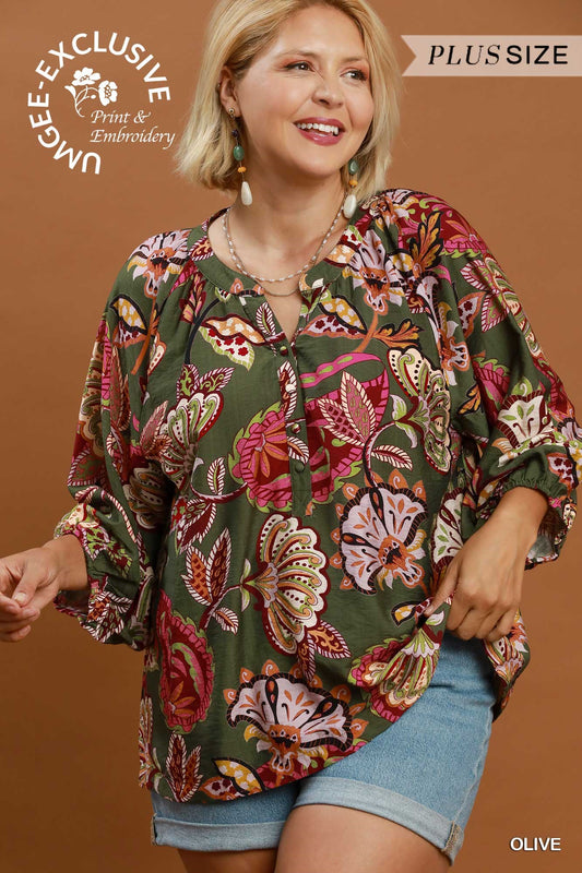 Olive Paisley Puff Sleeve Top