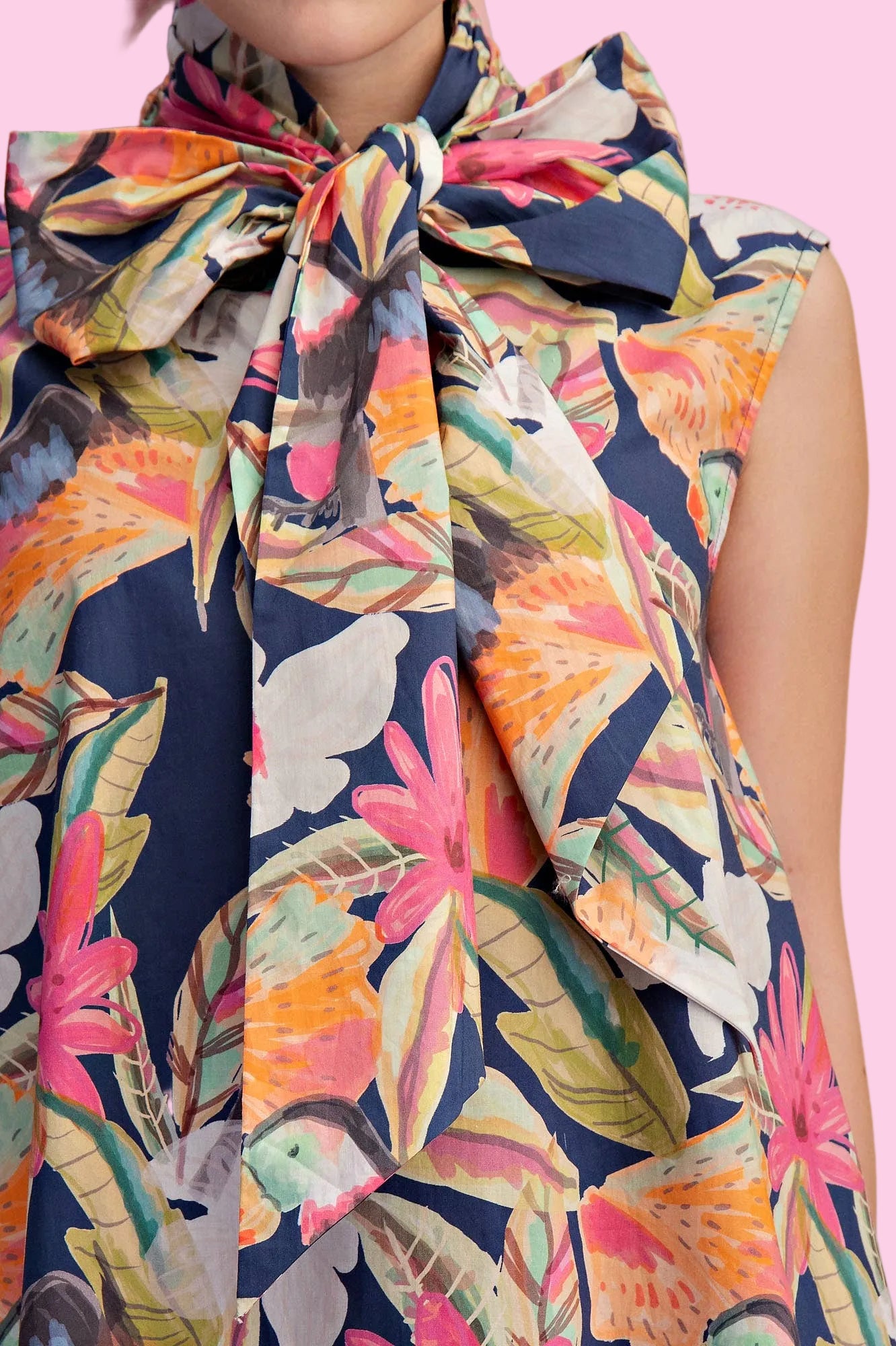 Navy Tie Neck Sleeveless Floral Mini Dress