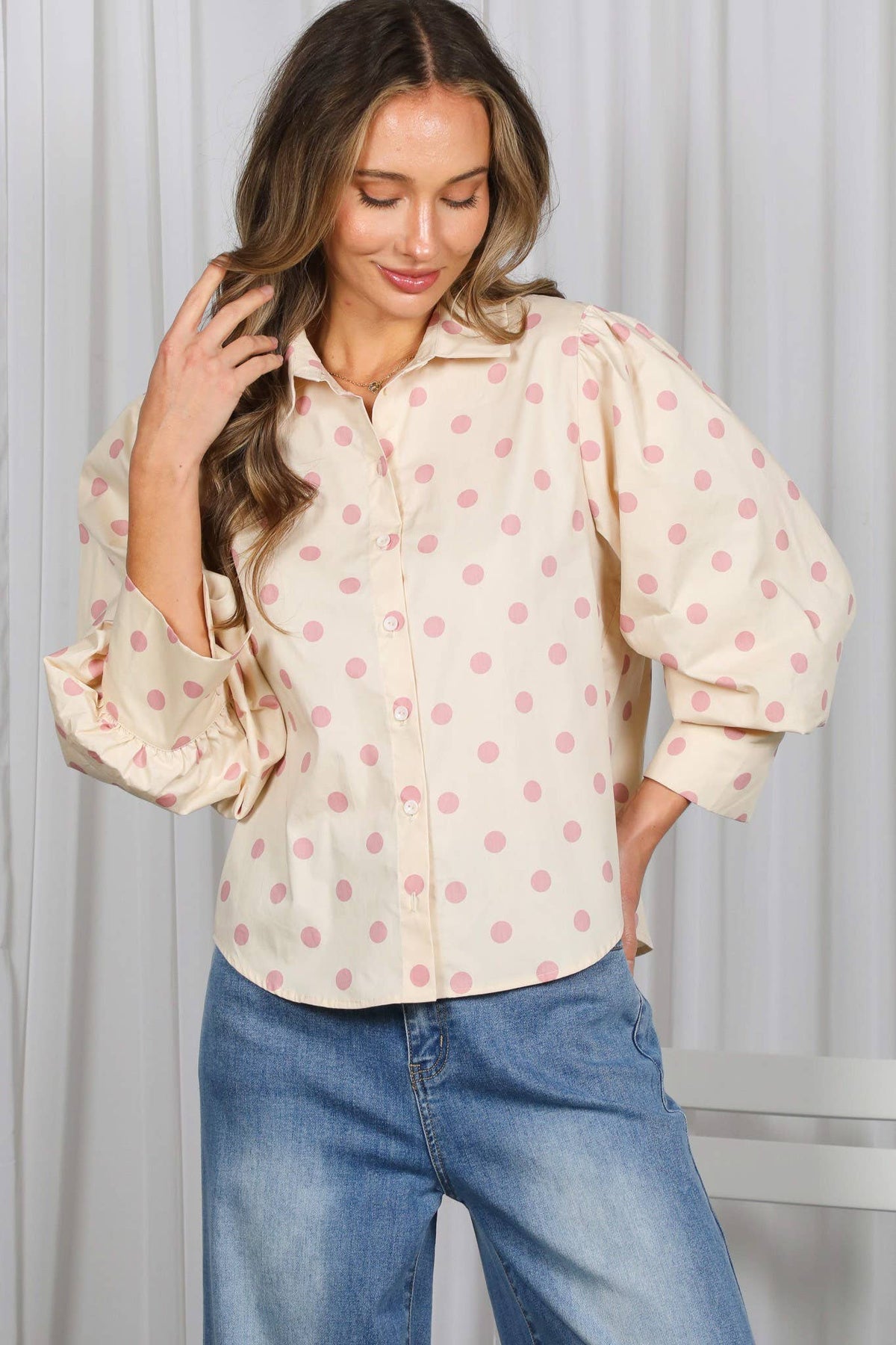 Taupe/ Pink Playful Polka Dot Top