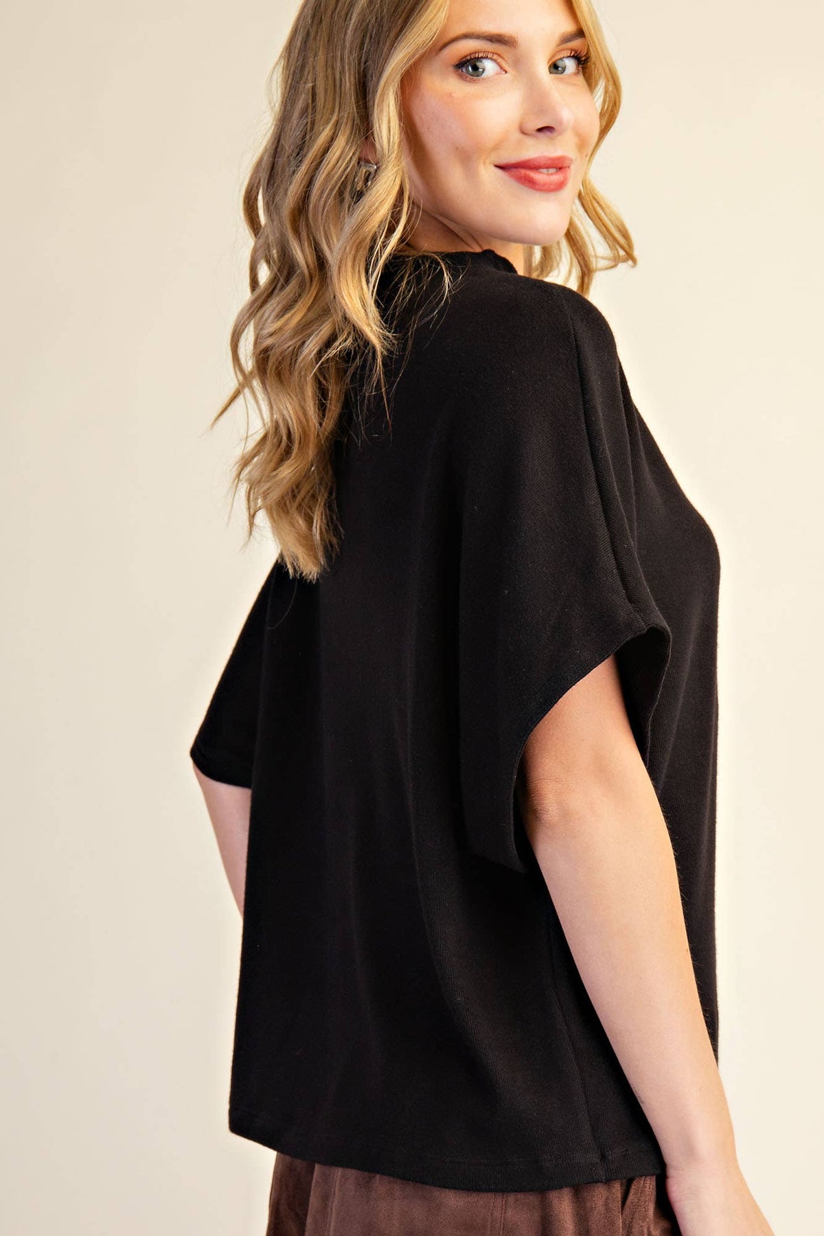 Mock Neck Black Short Sleeve Knit Top