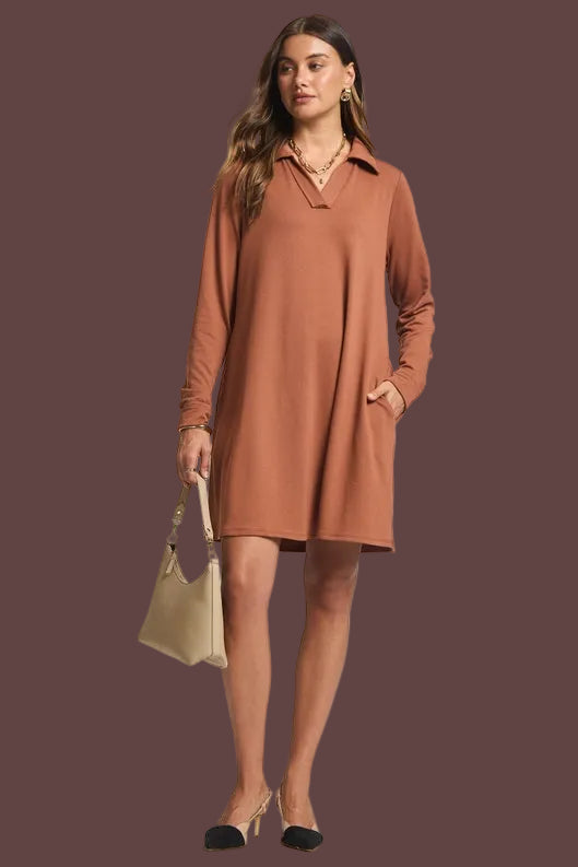 Caramel French Terry Long Sleeve Dress