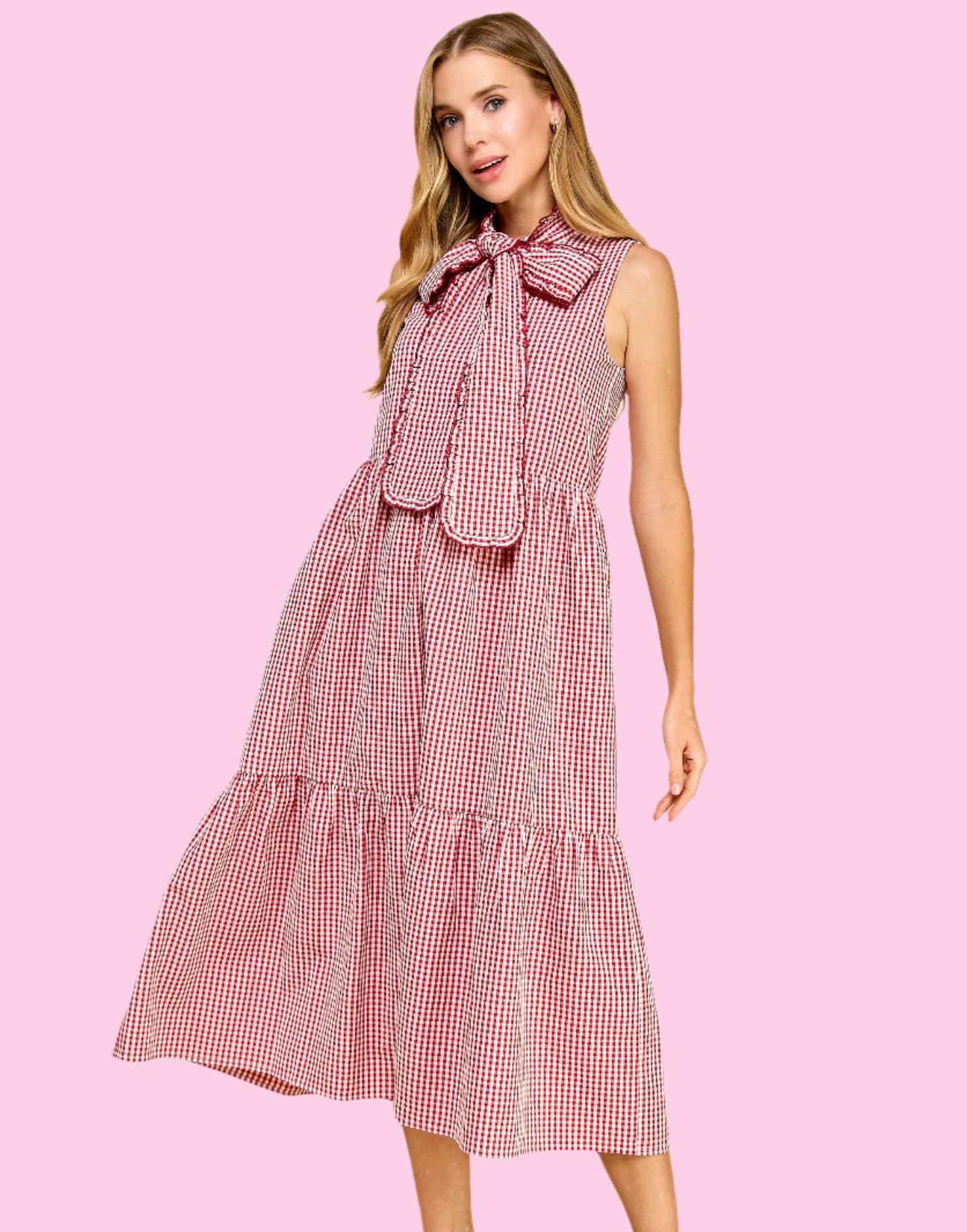 Red Gingham Bow Midi Dress