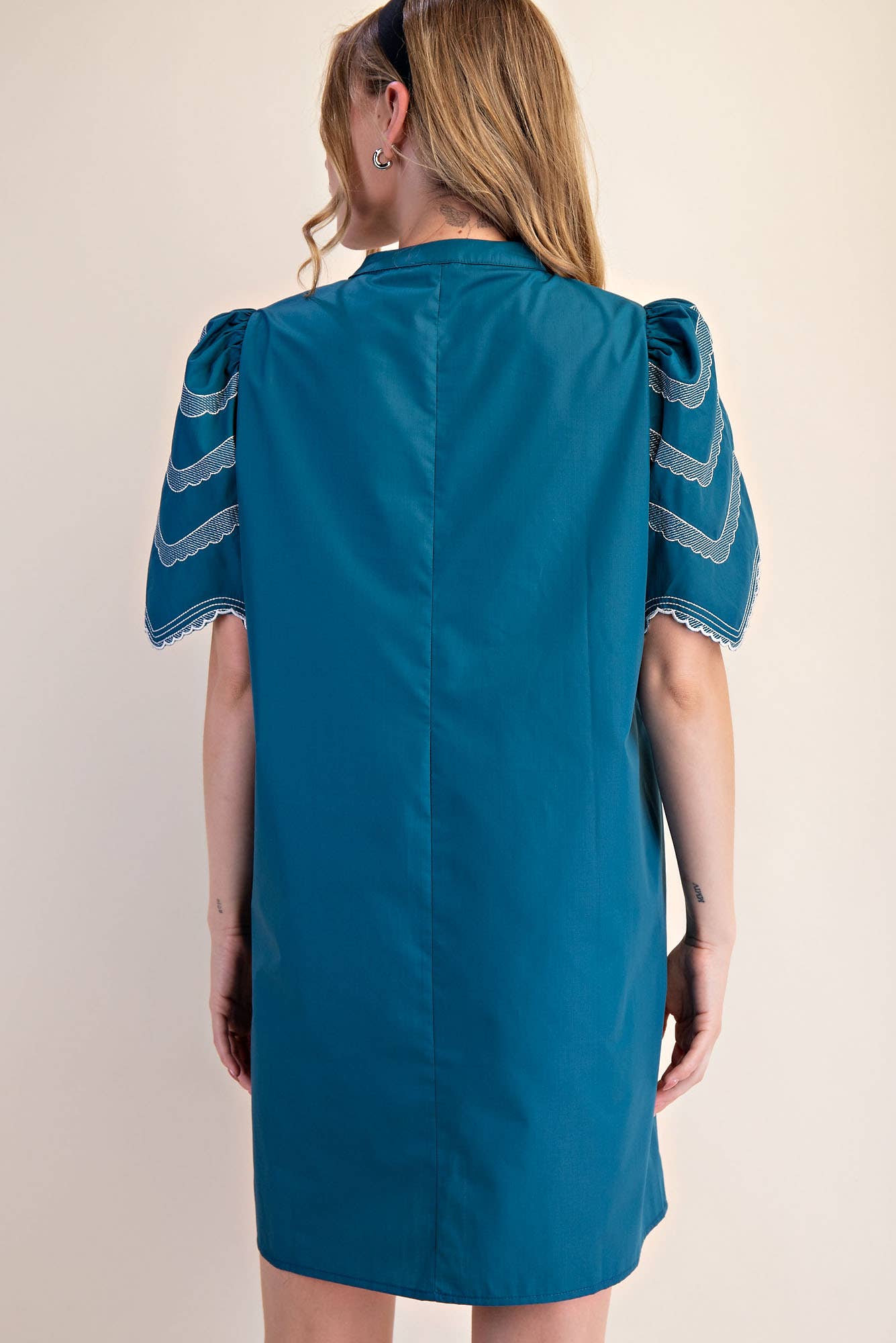Teal Embroidered Balloon Sleeve Mini Dress