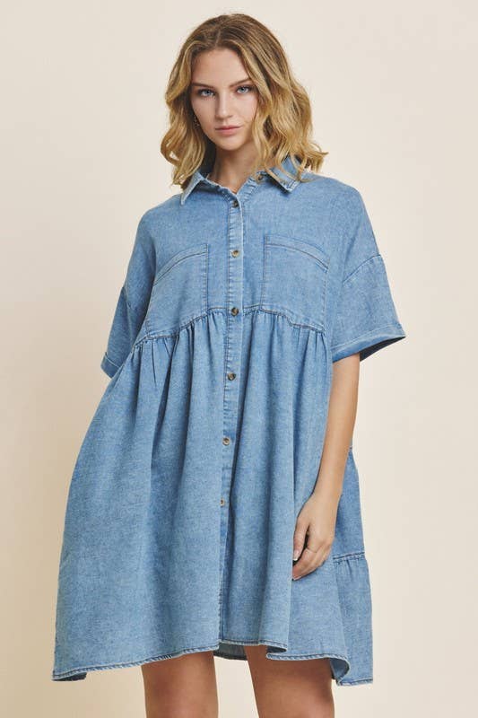 Washed Denim Tiered Mini Dress