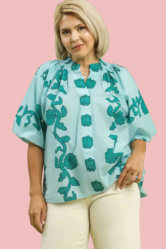 Teal Floral Patterned Top