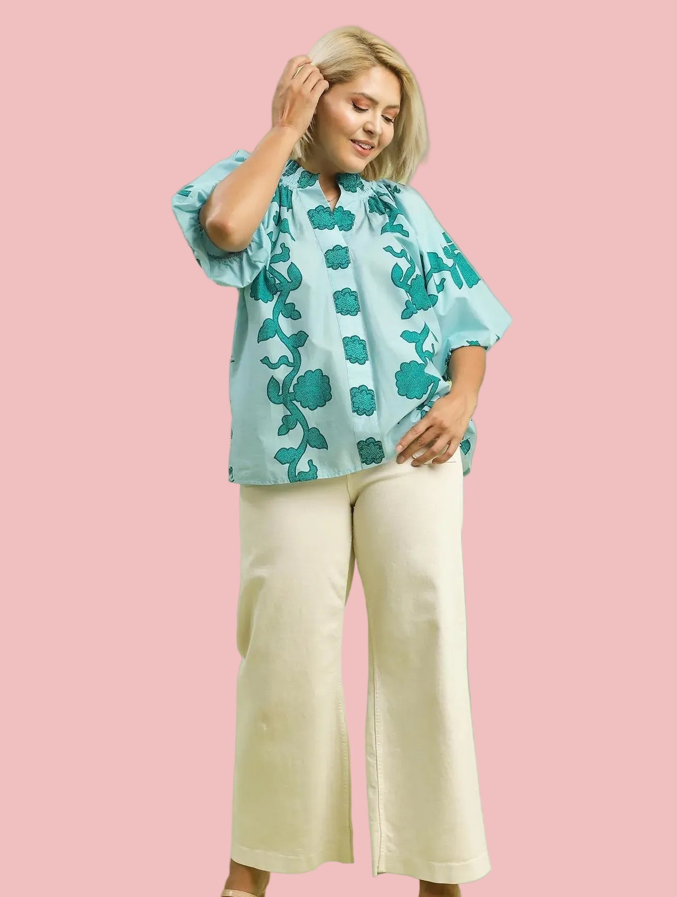 Teal Floral Patterned Top