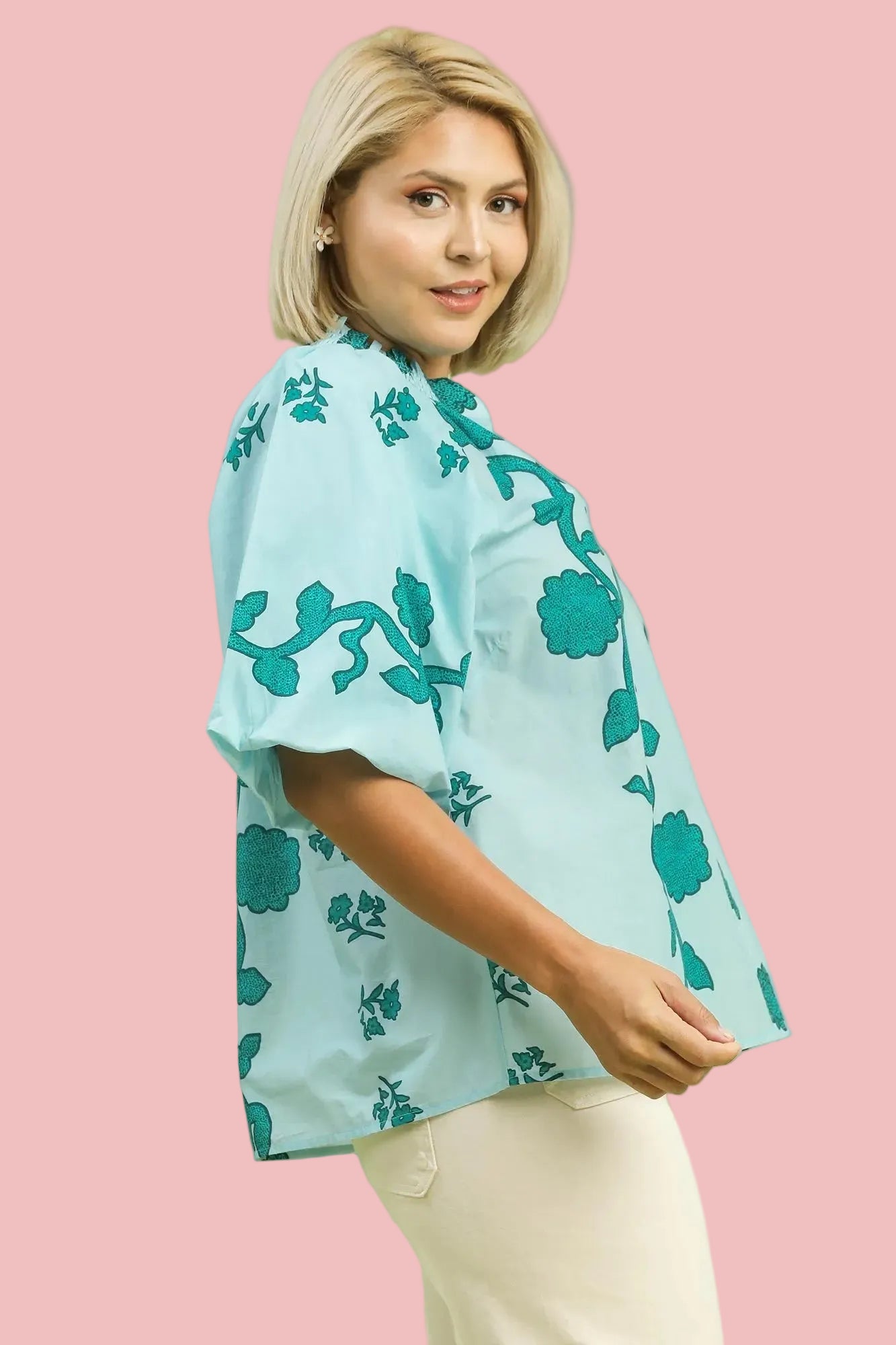 Teal Floral Patterned Top
