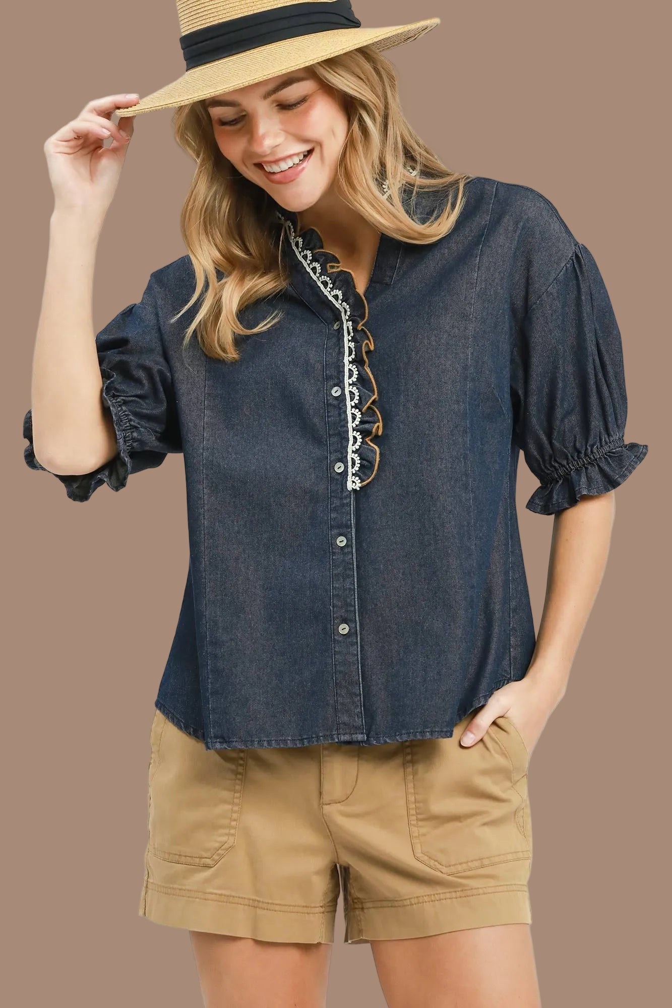Indigo Chambray Scalloped Button Front Blouse
