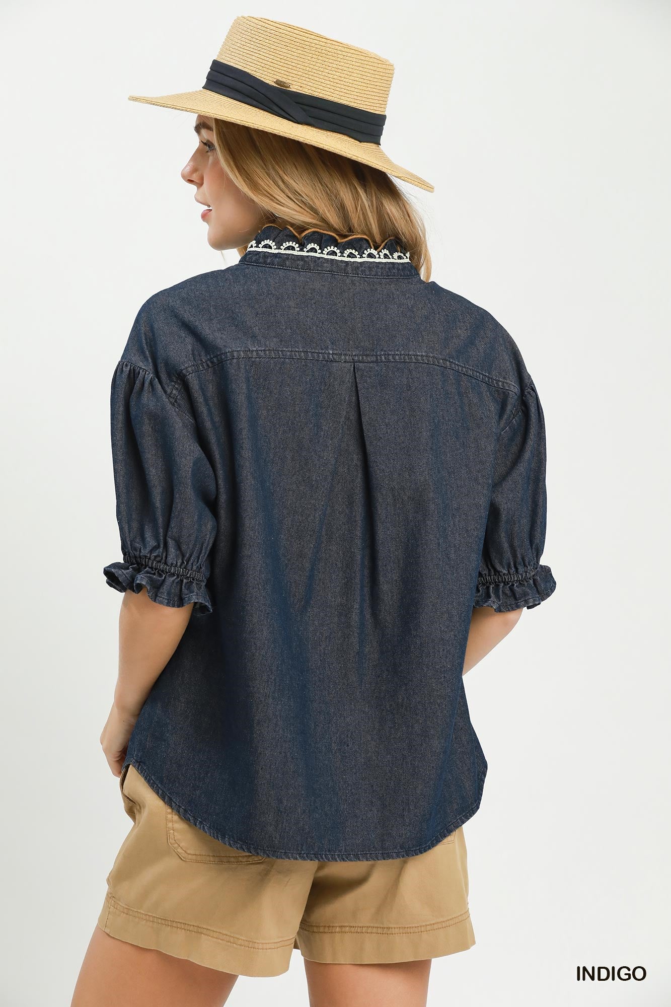 Indigo Chambray Scalloped Button Front Blouse