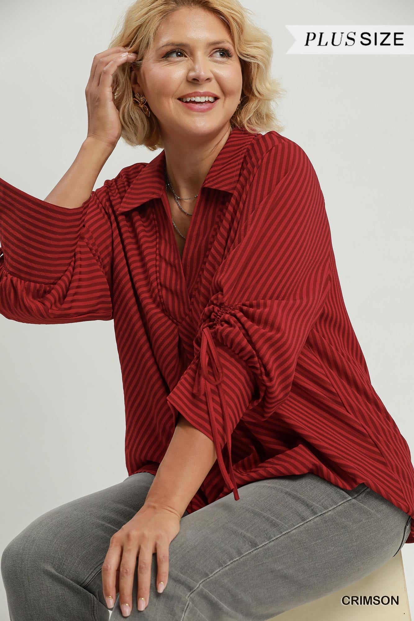 Crimson Striped V-Neck Collared Blouse