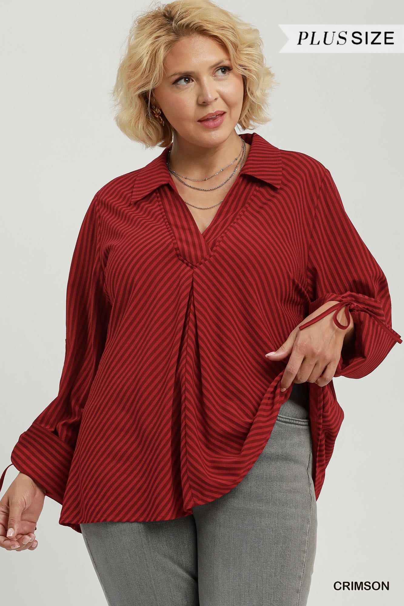 Crimson Striped V-Neck Collared Blouse