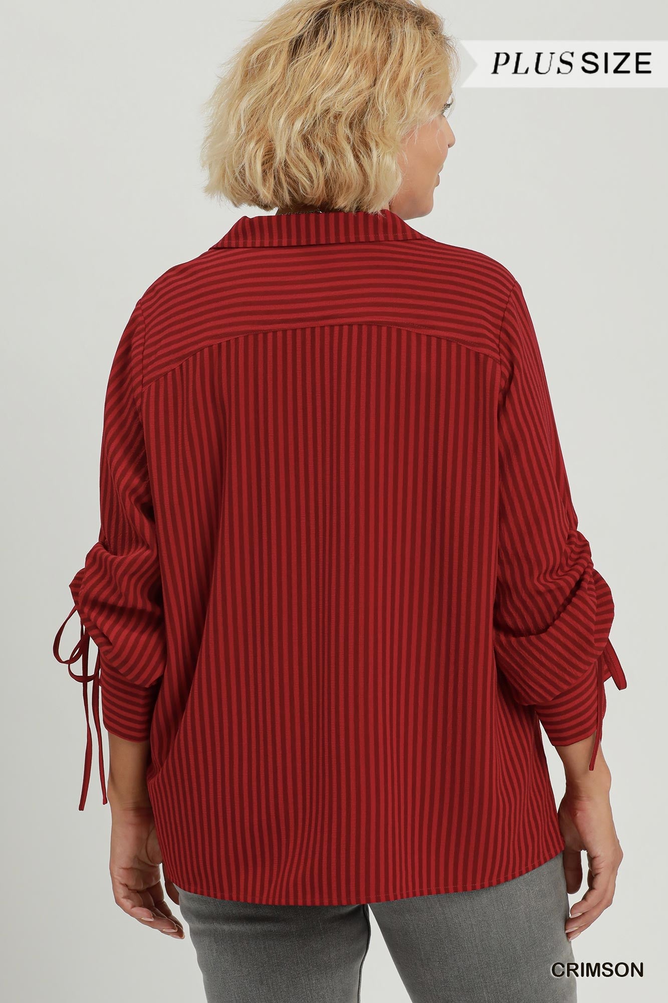 Crimson Striped V-Neck Collared Blouse