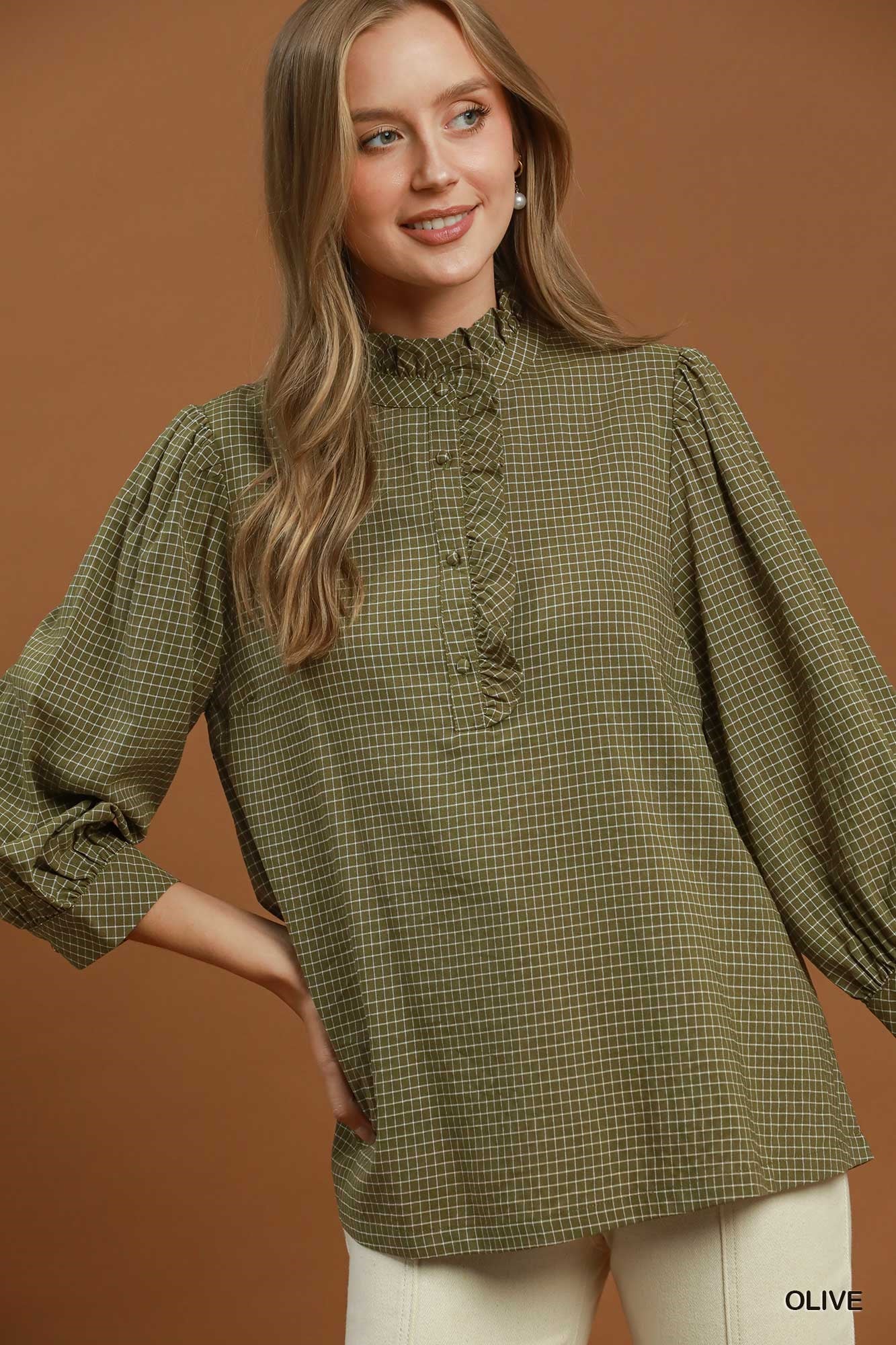 Oh So Olive Ruffle Check Top