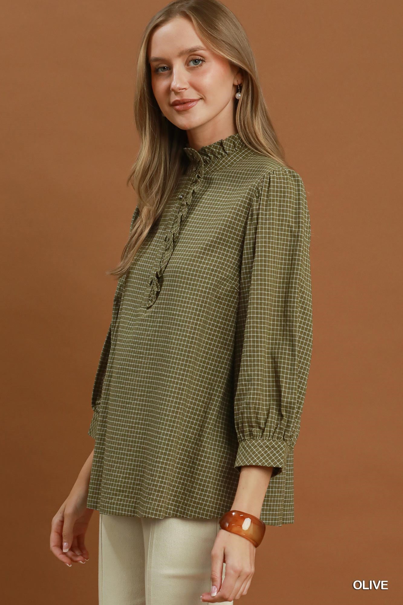 Oh So Olive Ruffle Check Top