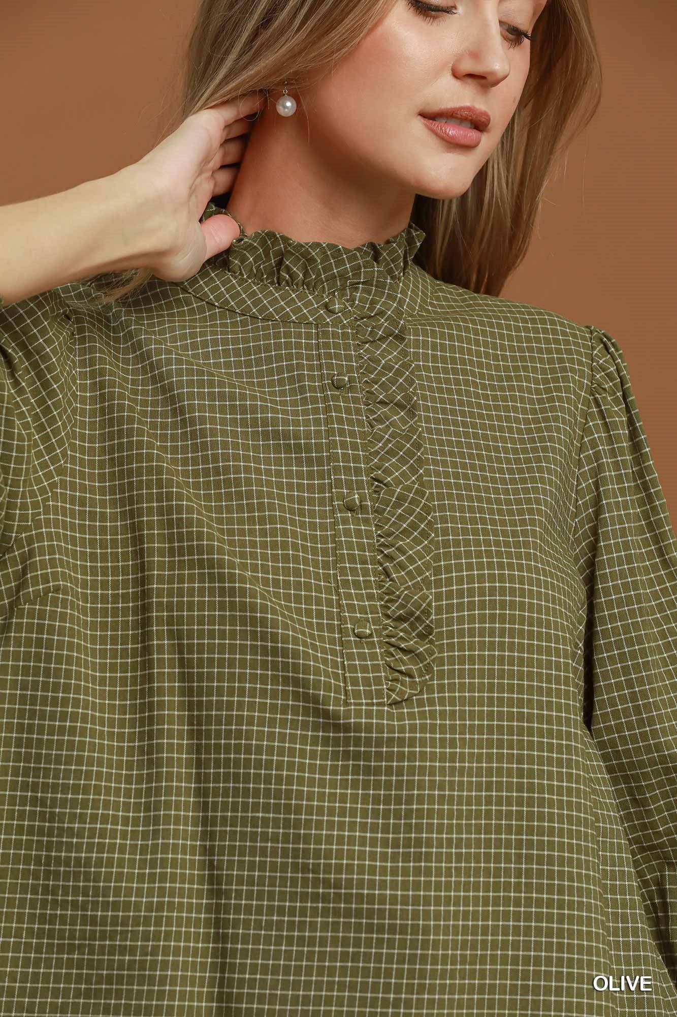 Oh So Olive Ruffle Check Top