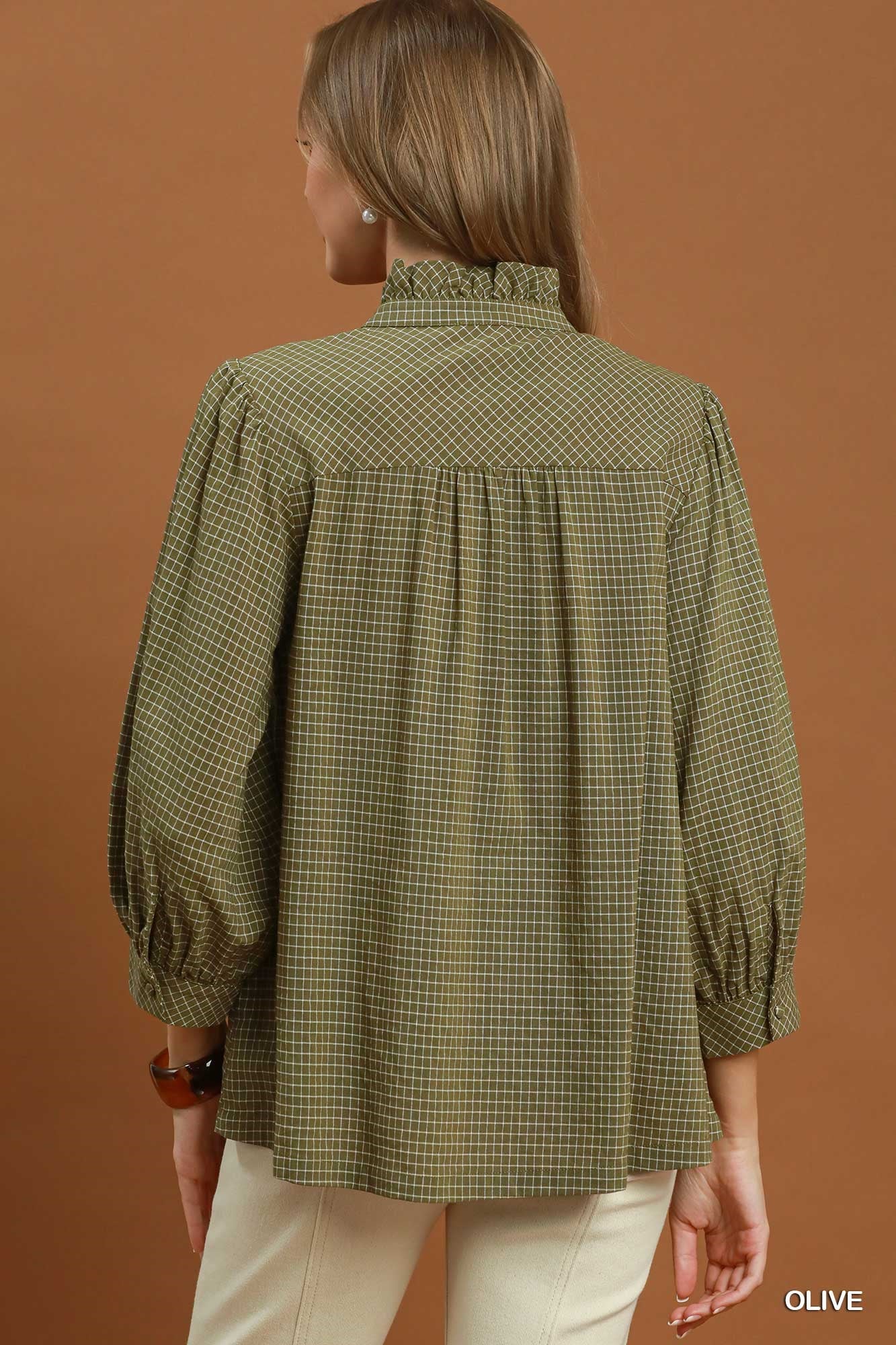 Oh So Olive Ruffle Check Top