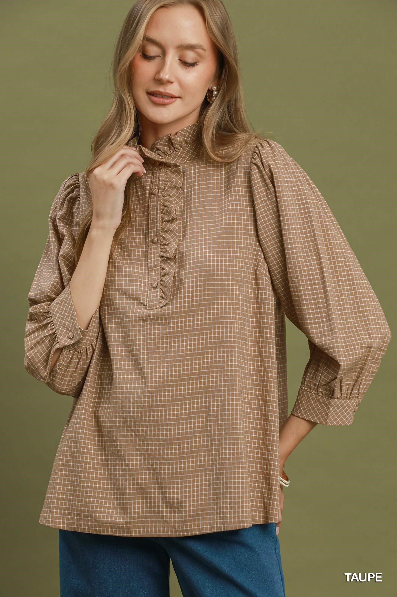 Truly Tan Ruffle Check Top