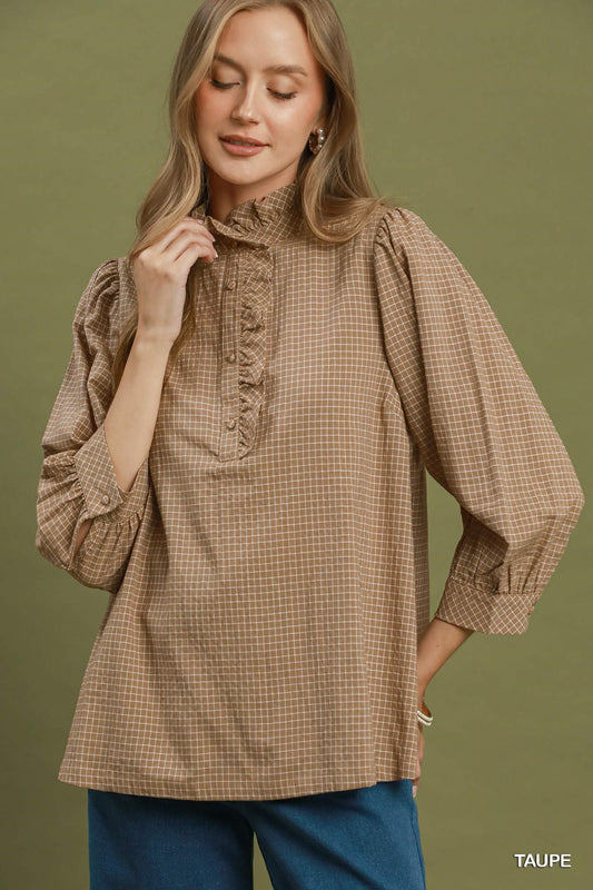 Truly Tan Ruffle Check Top