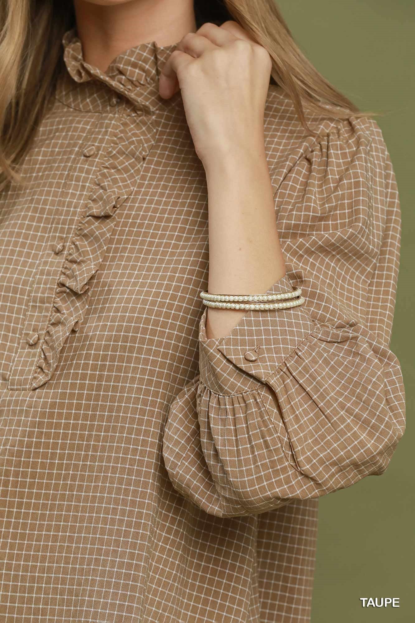 Truly Tan Ruffle Check Top