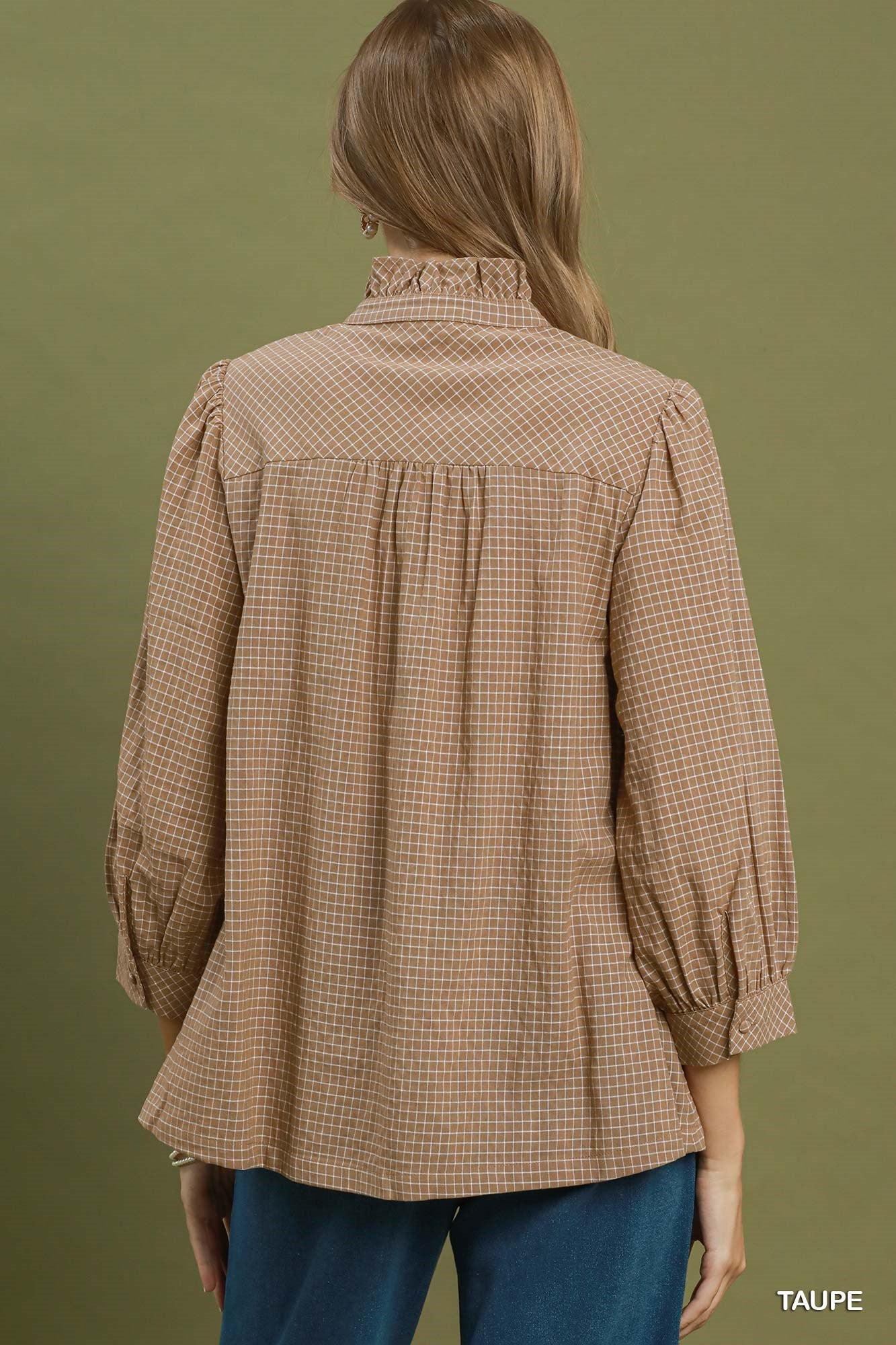 Truly Tan Ruffle Check Top