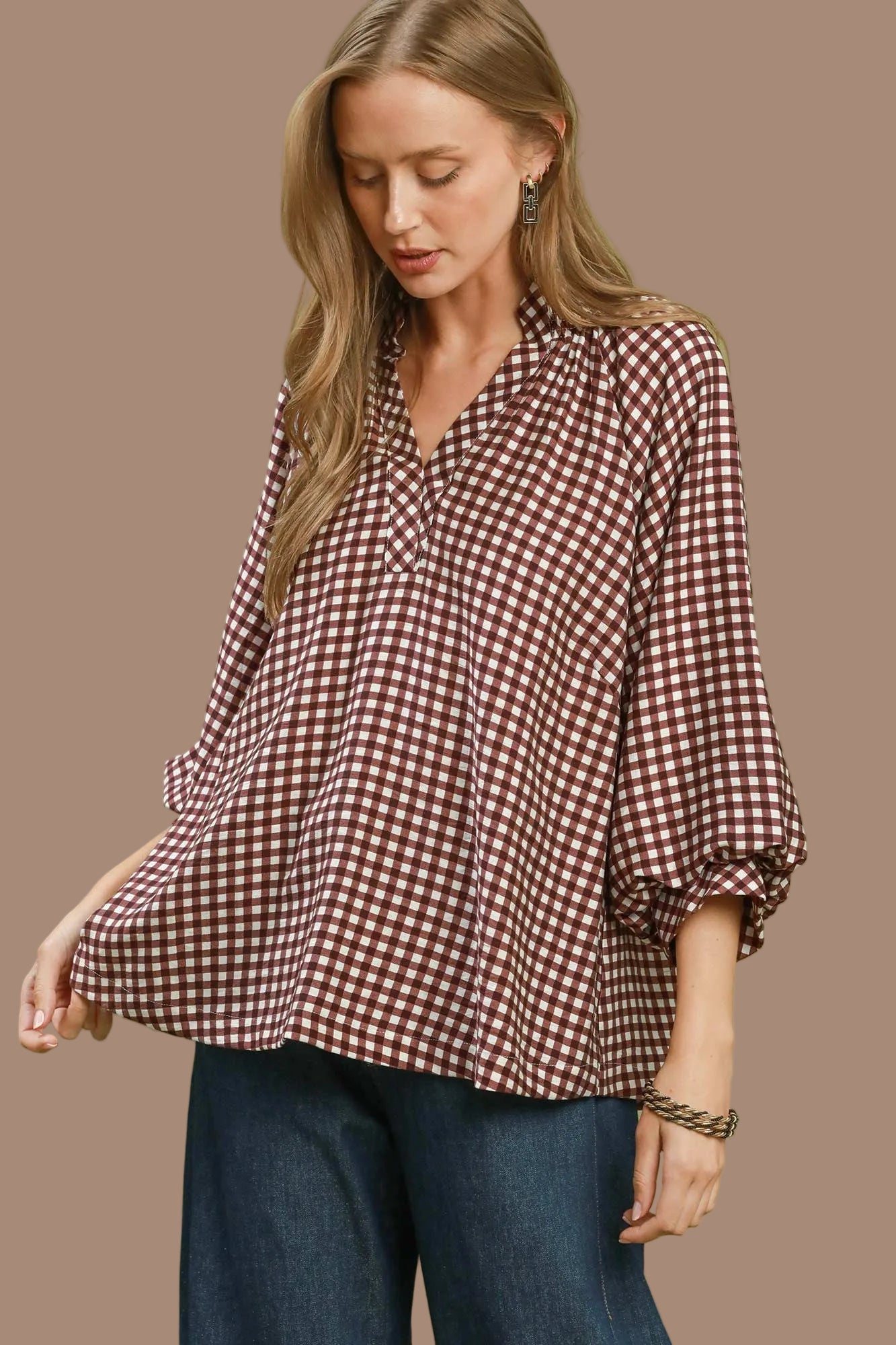 Red Brown Gingham Top