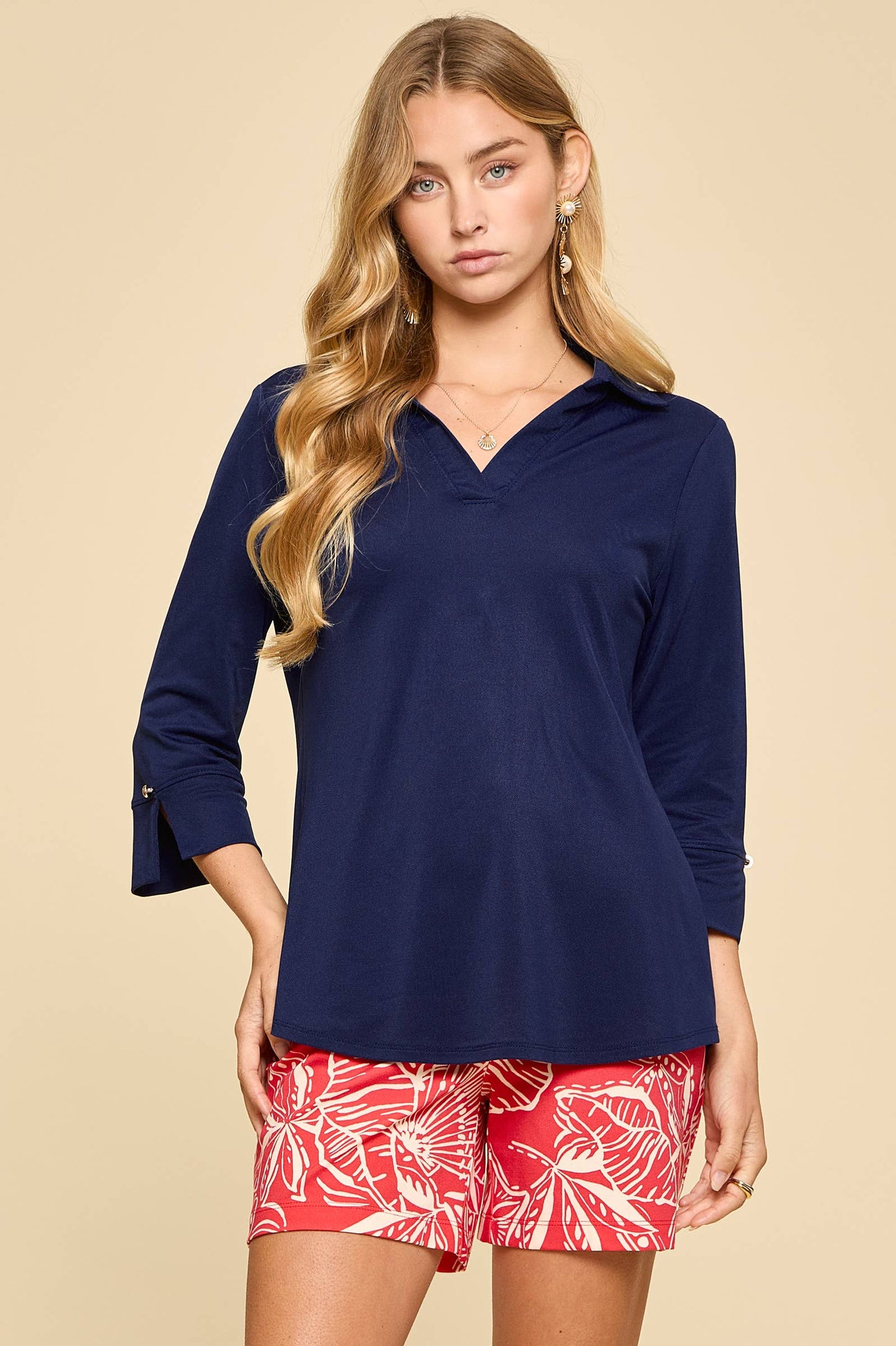 Coastal Navy Lightweight Sun-Cool 3/4 Sleeve Blouse