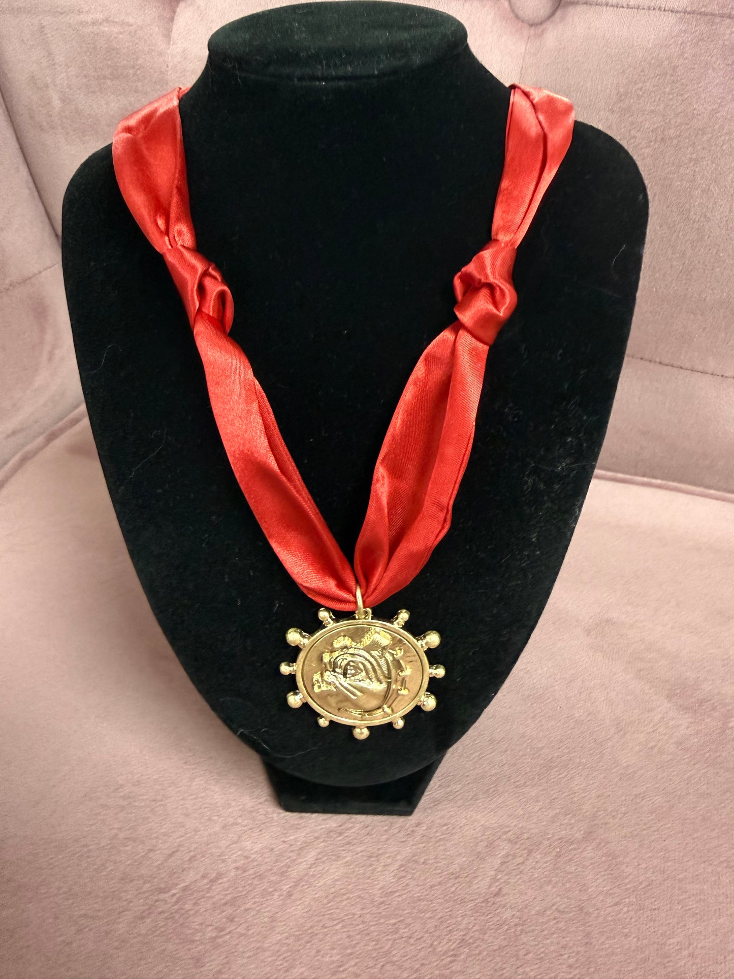 Bulldog Face Medallion Red Scarf Necklace