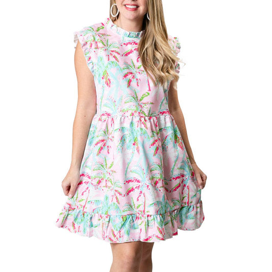Pink Palm Trees Printed Anna Dress