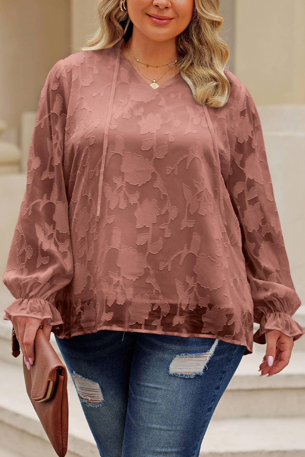 Pink Tie Neck Frill Trim Blouse