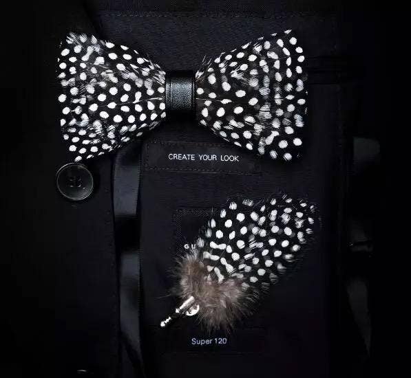 Handmade Black and White Polka Dot Feather Bow Tie