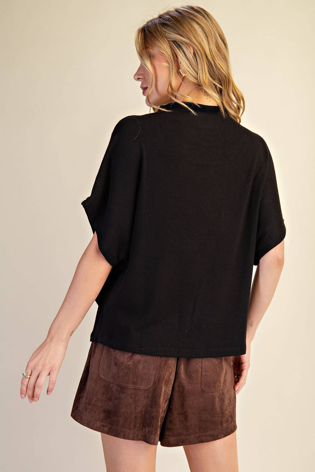 Mock Neck Black Short Sleeve Knit Top