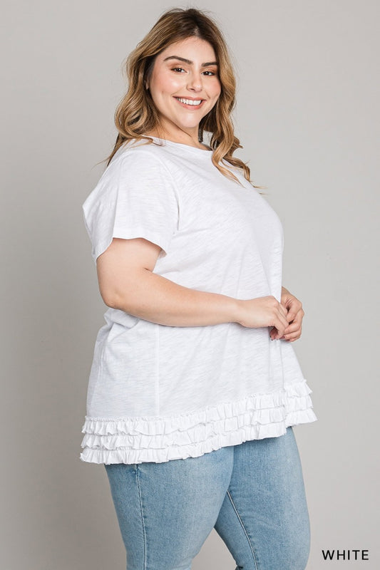 White Washed Cotton Slub Ruffle Bottom Casual Top