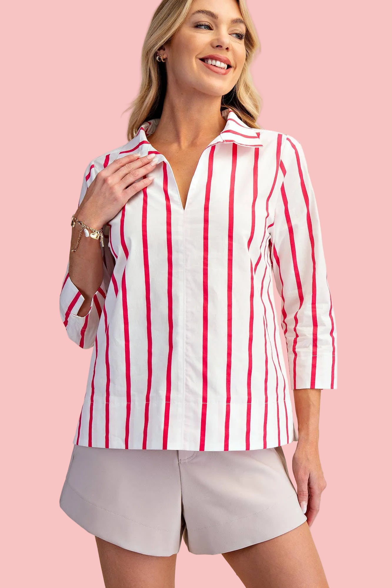 Hot Pink Stripe Stand Collar Blouse